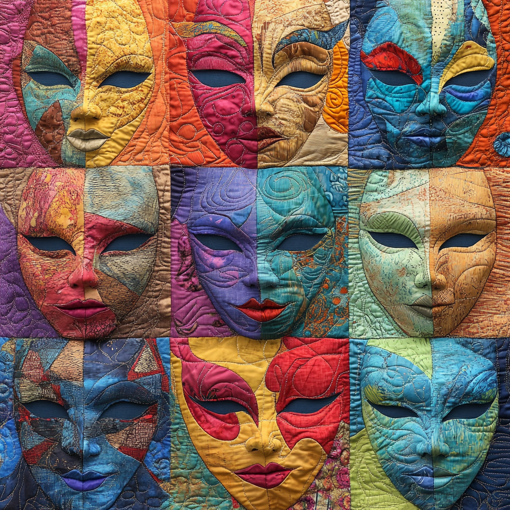 Colorful grid of twelve Venetian carnival masks in various vibrant colors and artistic styles