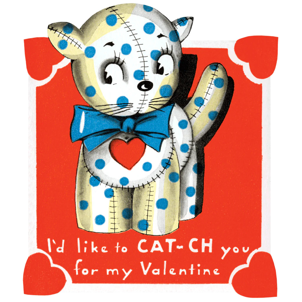 Vintage Valentine card with a patchwork white cat, blue dots, bow, and red heart on a red background