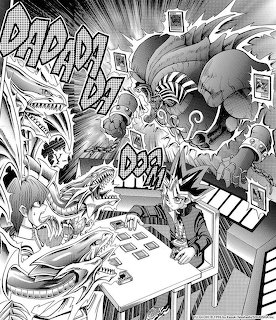 Black and white Yu-Gi-Oh manga panel depicting Yugi dueling with large monsters summoned above the card table