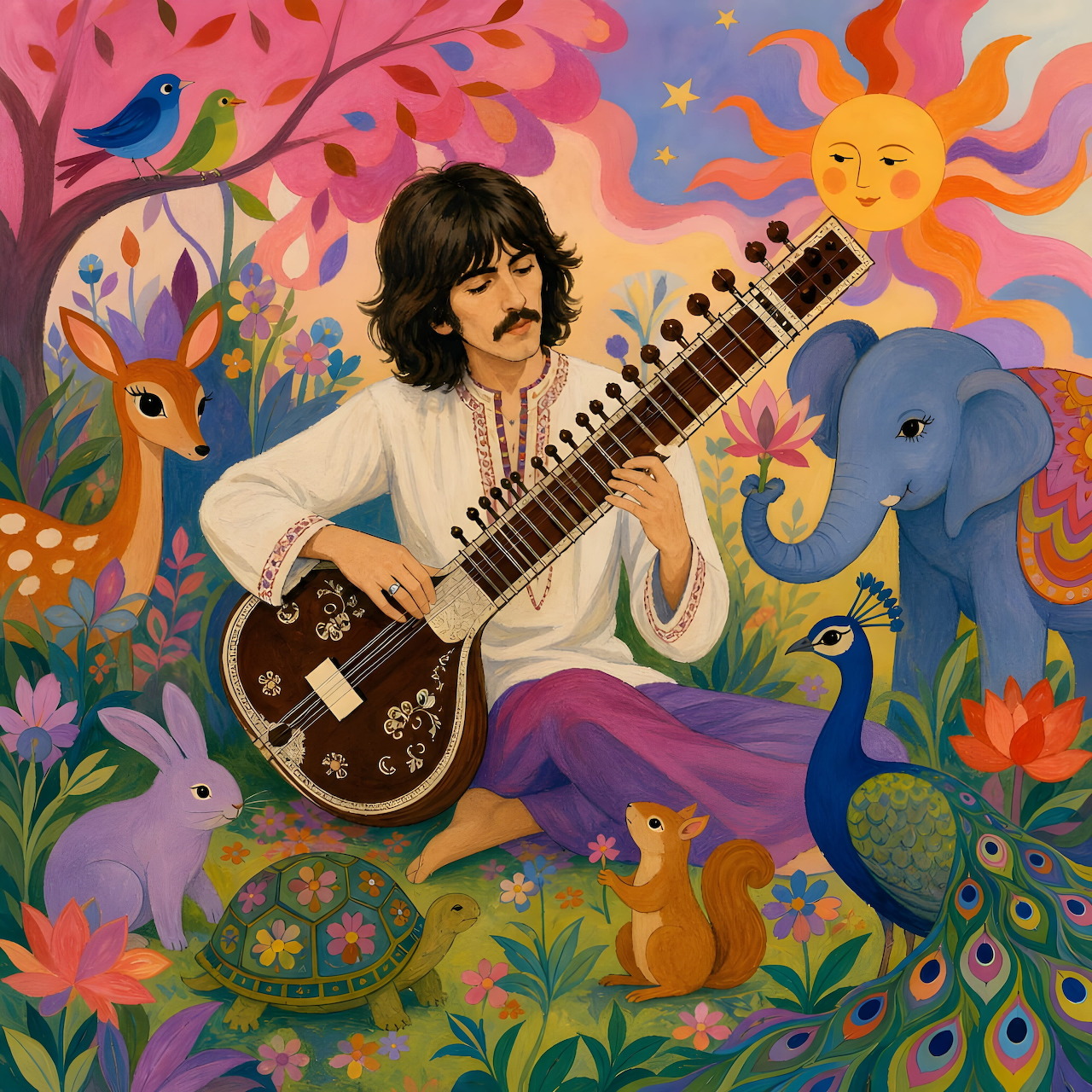 Illustrated man with mustache playing sitar amid colorful animals and flowers in psychedelic art style