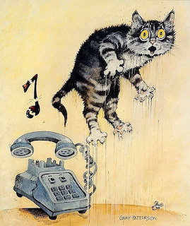 Cartoon illustration of a frightened tabby cat clinging to a wall above a ringing telephone