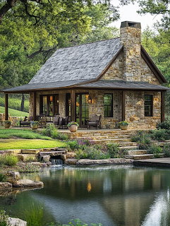 Rustic stone cottage with slate roof and chimney beside a calm pond with greenery and stone steps