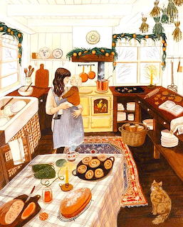 Mother and child baking in warm kitchen with wood stove, cat, bread table, and snowy winter window view
