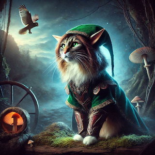 Fluffy cat in an elf costume sitting in a misty fantasy forest with mushrooms and a glowing ring