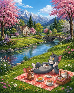 Tom and Jerry having a picnic on a checkered blanket near a stream with cherry blossoms and mountains in the background