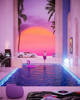 Vaporwave Swimming Pool At Sunset