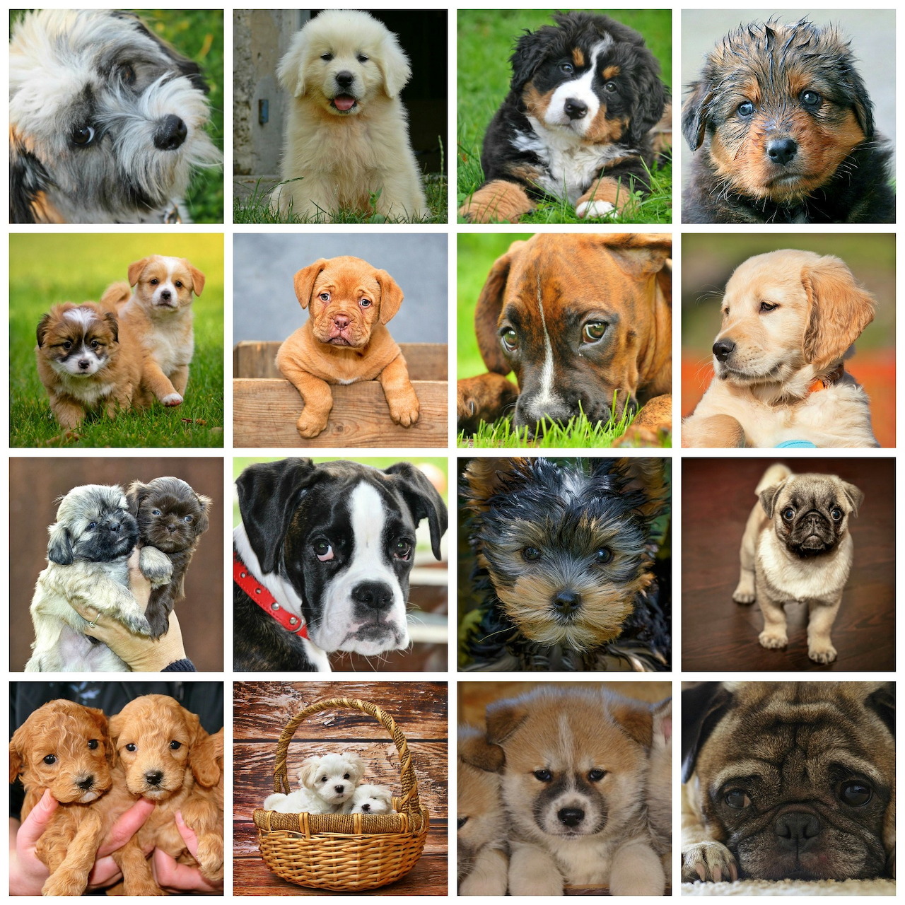 Grid collage of 20 dog portraits showing various breeds including puppies and adult dogs