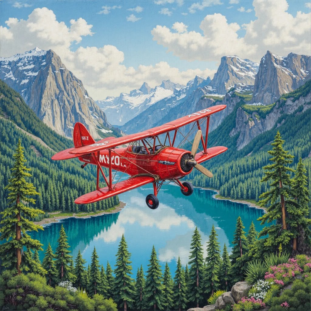 Red biplane flying over a turquoise mountain lake with pine trees and snowy peaks
