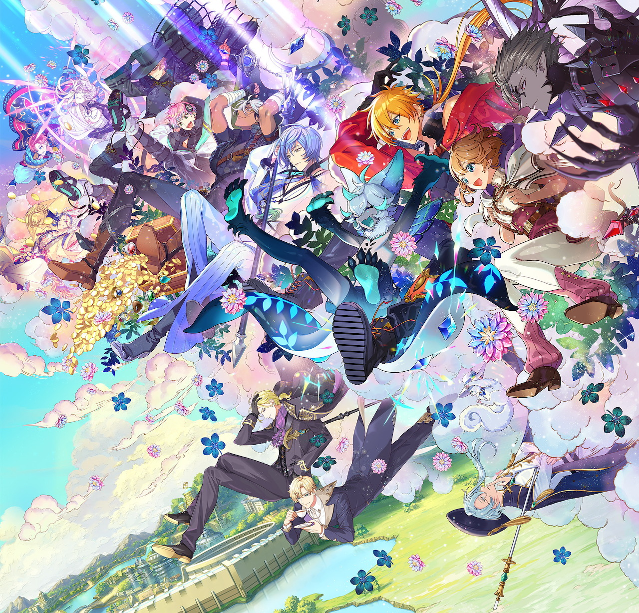 Colorful anime group illustration with fantasy characters, flowers, and glowing effects