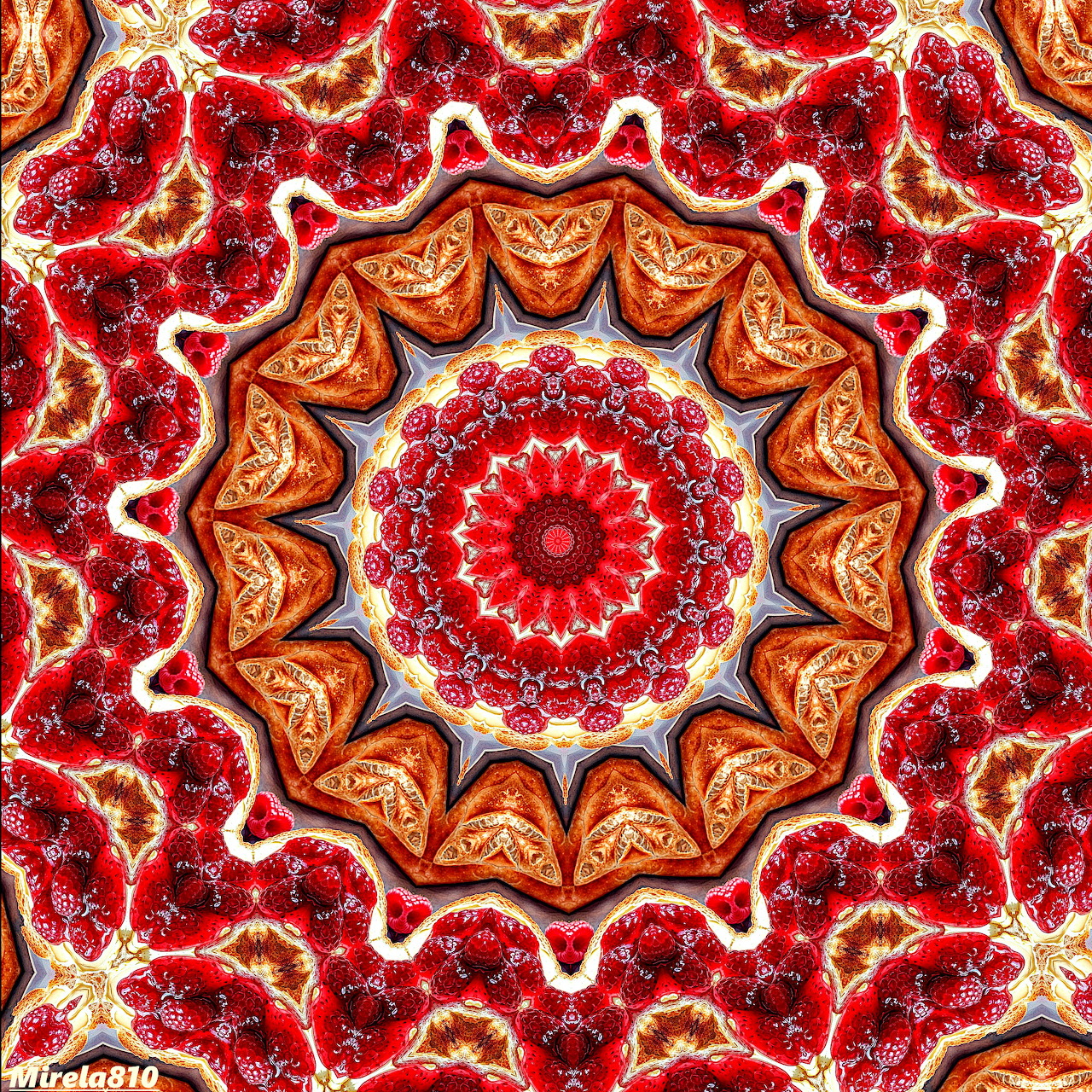 Symmetrical red and orange mandala with intricate radial patterns and ornate central design