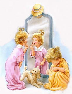 Three children in pastel nightgowns looking at mirror with teddy bear and hat