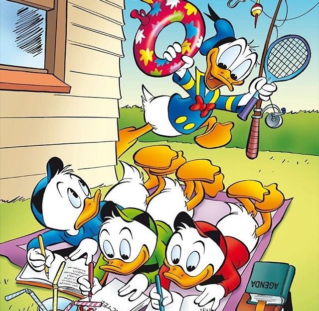 Donald Duck cartoon with three nephews playing with swim ring and net in yard