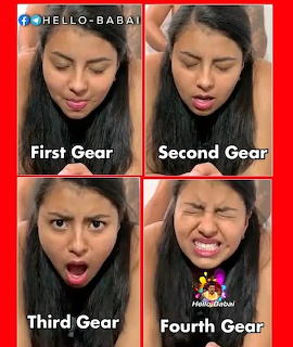 Four-panel collage of a young woman making increasingly exaggerated facial expressions labeled First through Fourth Gear.