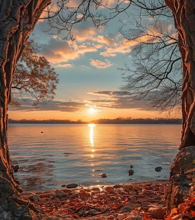 Golden sunrise over a calm lake framed by tree trunks and bare branches with fallen autumn leaves on rocky shore
