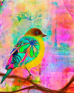 Colorful artistic bird with yellow breast and ornate wing patterns perched on branch against abstract multicolored background