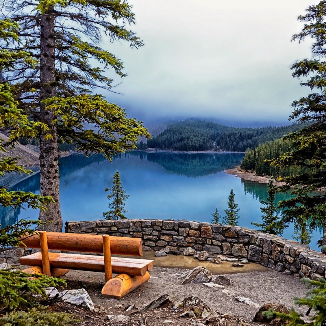 Wooden bench at scenic overlook with blue mountain lake and evergreen trees