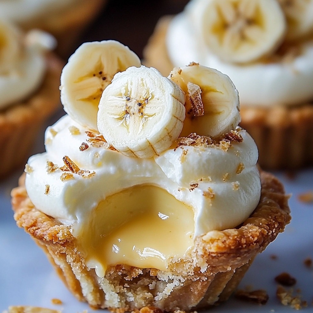 Mini banana cream tart topped with whipped cream, banana slices, and caramel in a graham cracker crust