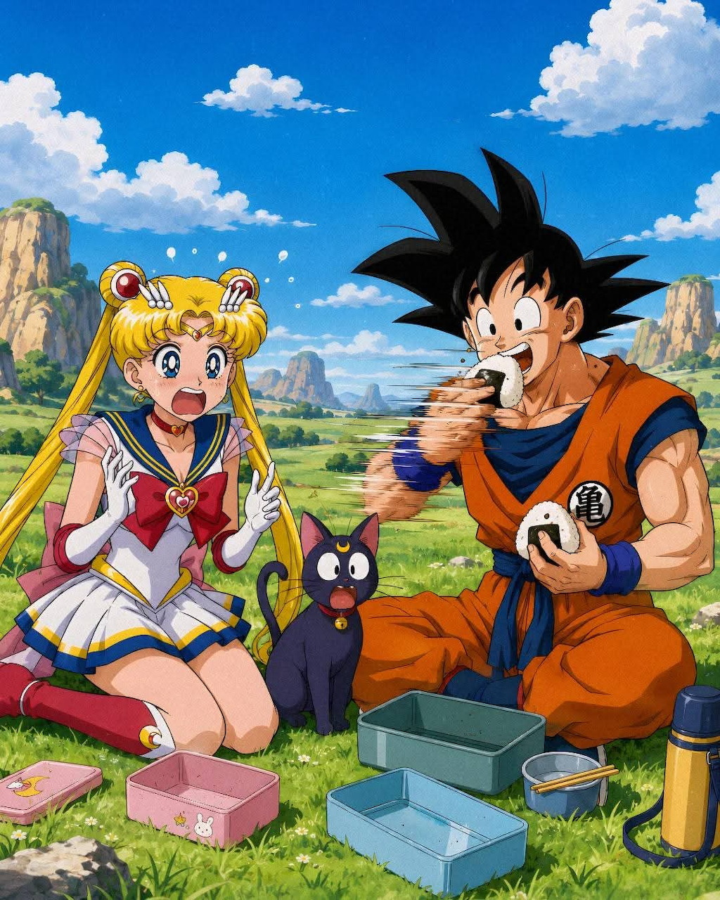 Anime characters having a picnic outdoors on a sunny day with mountains in the background