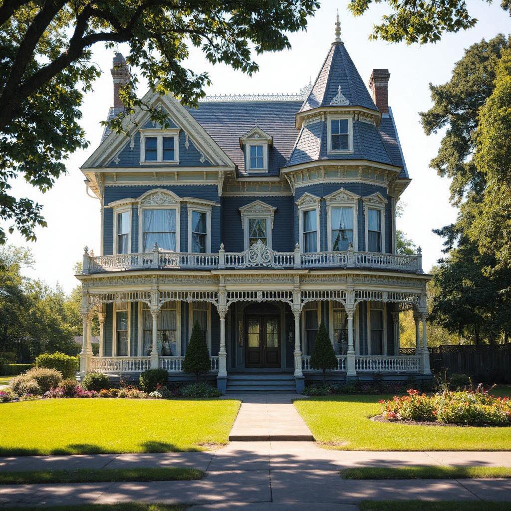 Large Victorian mansion with blue-gray exterior, white trim, wraparound porches, and distinctive corner turret