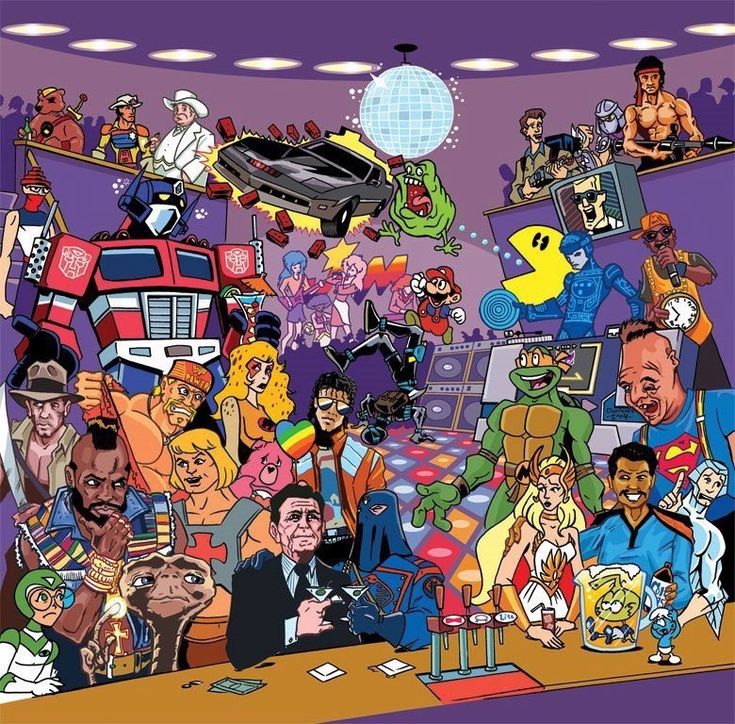 Colorful illustrated collage of cartoon and pop culture characters in a crowded party-like room