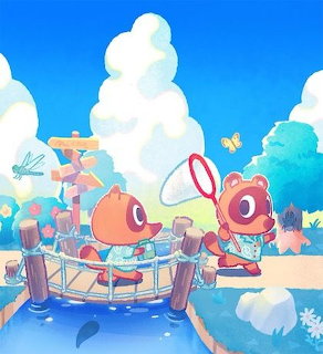 Two Animal Crossing raccoon characters on a bridge with butterfly net, blue sky and clouds in background