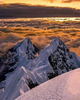 Snowy mountain peaks above clouds at sunset