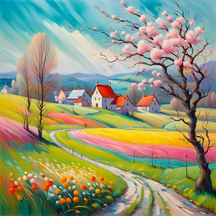 Colorful painting of village with cherry blossoms, striped fields, and dramatic sky