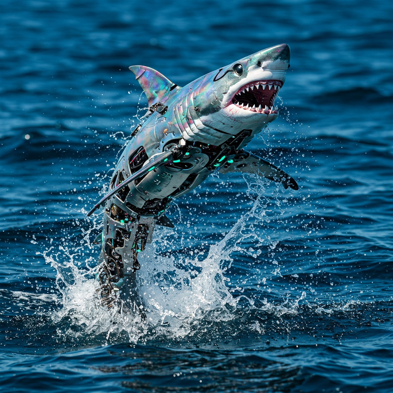 Great white shark breaching ocean surface with open jaws and water spray