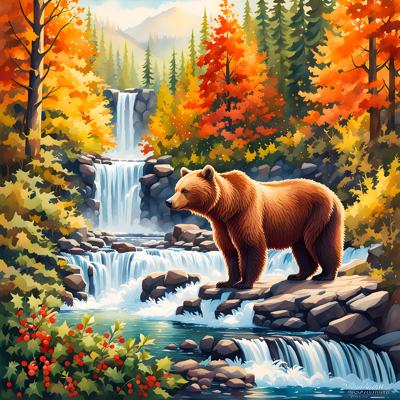 Brown bear on rocky stream with waterfall and autumn foliage
