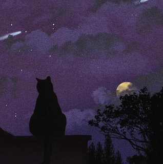 Black cat silhouette on a rooftop beneath a purple night sky with stars and a moon