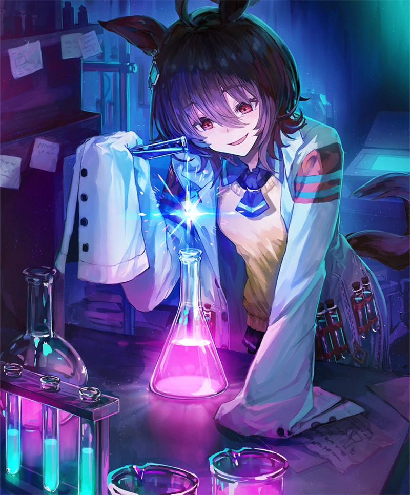 Anime girl in lab coat with glowing pink and blue chemical flasks in a dark laboratory
