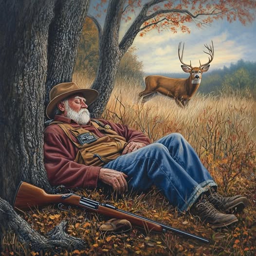 Resting Hunter and Deer