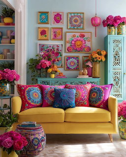 Colorful bohemian living room with yellow couch, mandala pillows, framed art, and bright pink flowers