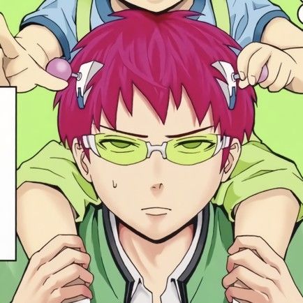 Anime character with vibrant pink hair wearing green-tinted glasses and adjusting headphones