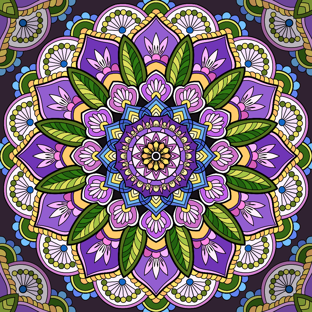 Intricate mandala with purple lotus flowers, green leaves, and concentric geometric patterns in pink, blue, and gold