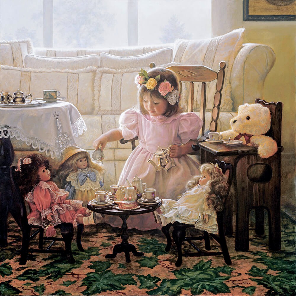 Young girl in pink dress having tea party with dolls and teddy bear in cozy indoor setting