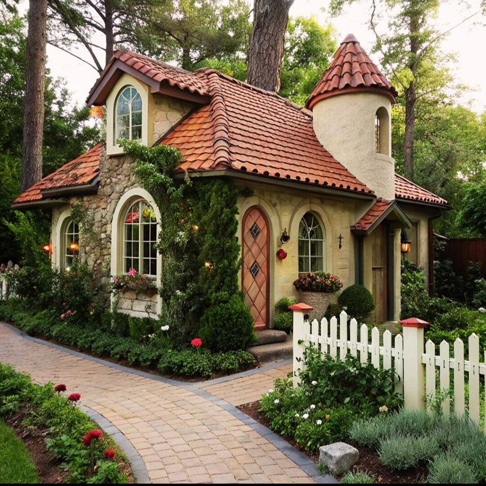 Whimsical storybook cottage with turret, red tile roof, arched windows and door, white fence, garden path