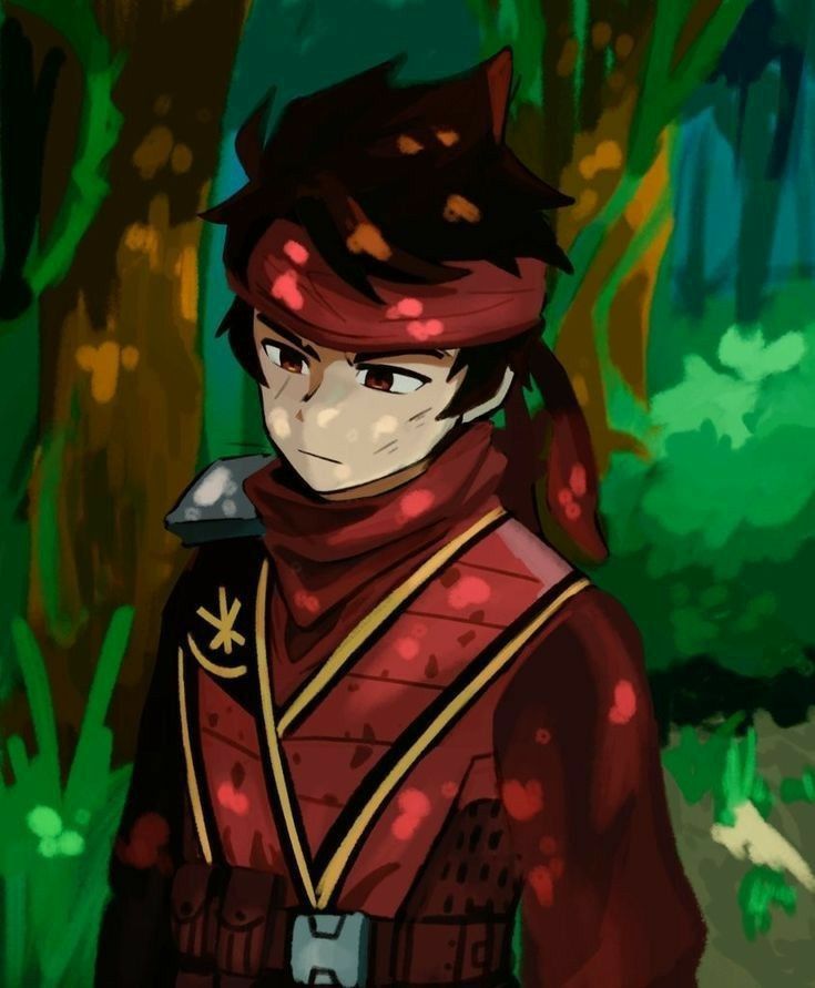 Animated ninja character in red outfit with black hood and scarf in jungle setting