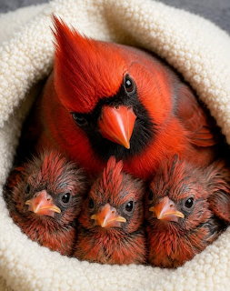 Red cardinal bird with three brown chicks in white nest