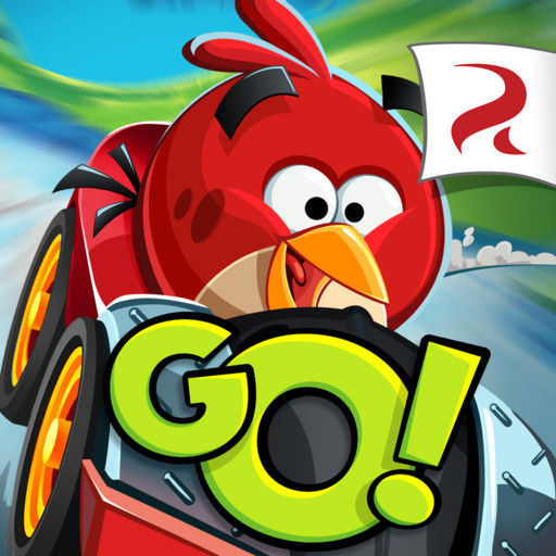 Red Angry Bird in a racing car with a large green GO sign and a flag