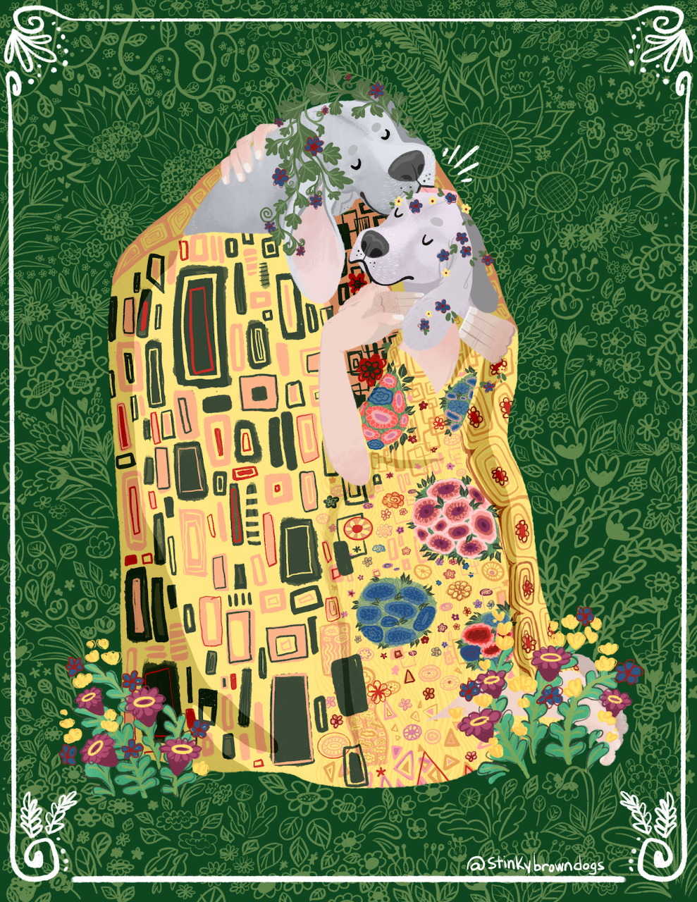 Two dogs illustrated in the style of Klimt's The Kiss, wearing golden robes with floral accents on a green background