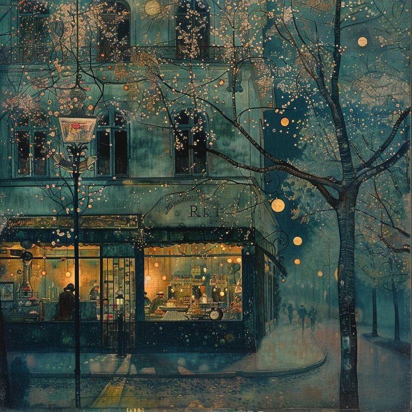 Illustration of a rainy night street scene with a warmly lit cafe, bare trees, and glowing lights