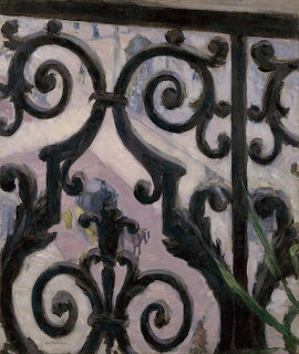 Impressionist painting of decorative wrought iron balcony railing with curling scrollwork against a muted cityscape