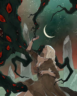 Fantasy art showing a person lying among dark trees with red glowing eyes beneath a crescent moon