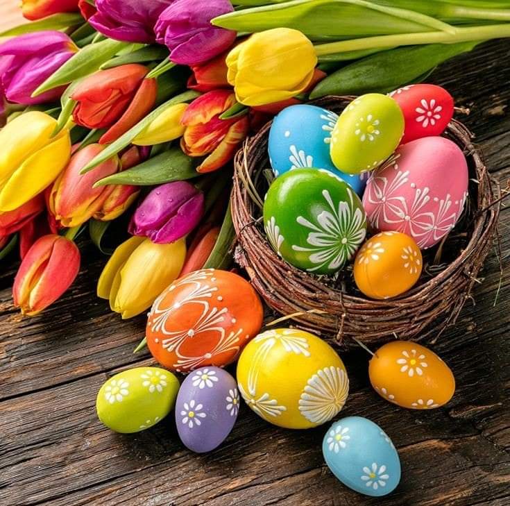 Colorful painted Easter eggs in a nest with bright tulips on a wooden table