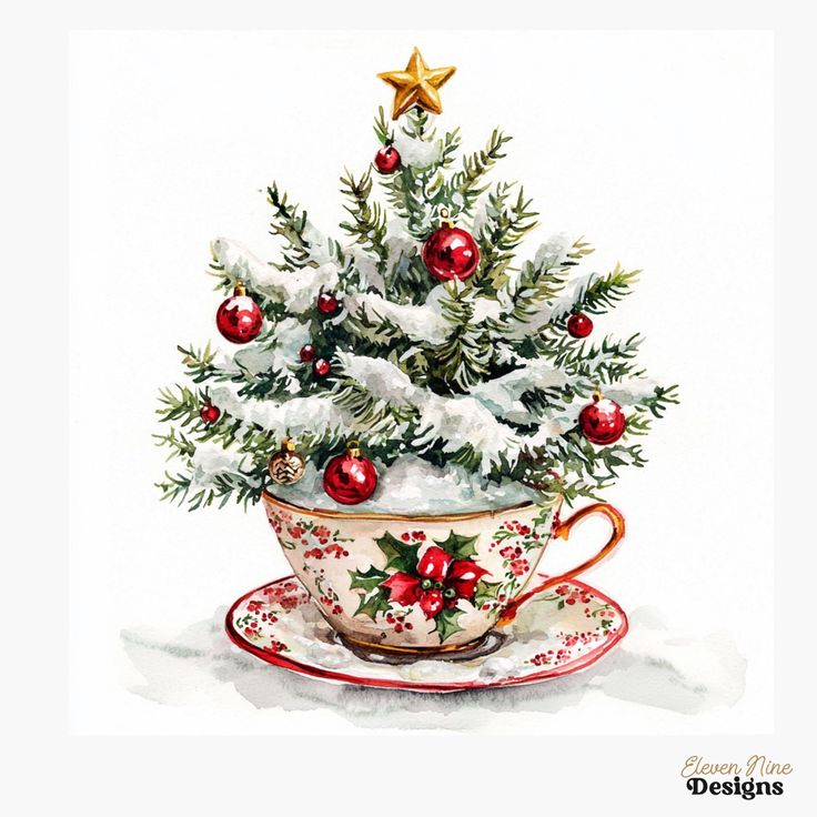 Watercolor Christmas tree in decorated teacup with red ornaments and gold star on white background