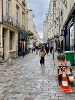 Person walking along a cobblestone Parisian street with shops and classic stone buildings