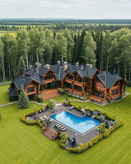 Aerial view of sprawling log cabin complex with pool amid green lawn and forest