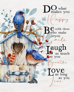 Watercolor bluebirds on a birdhouse with flowers and inspirational text about happiness and love