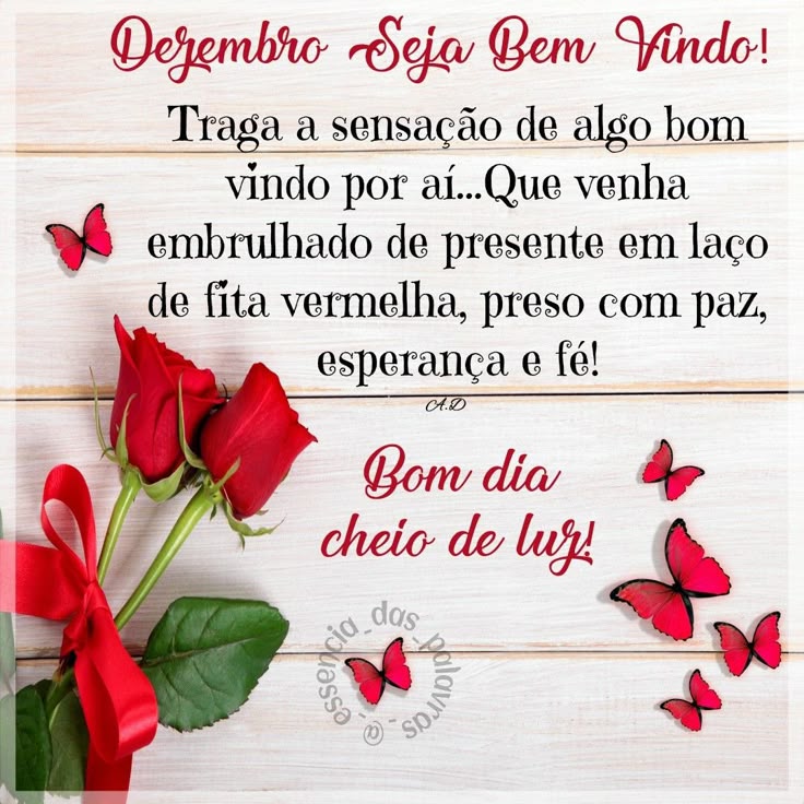 Red roses and pink butterflies on white wood with Portuguese greeting text